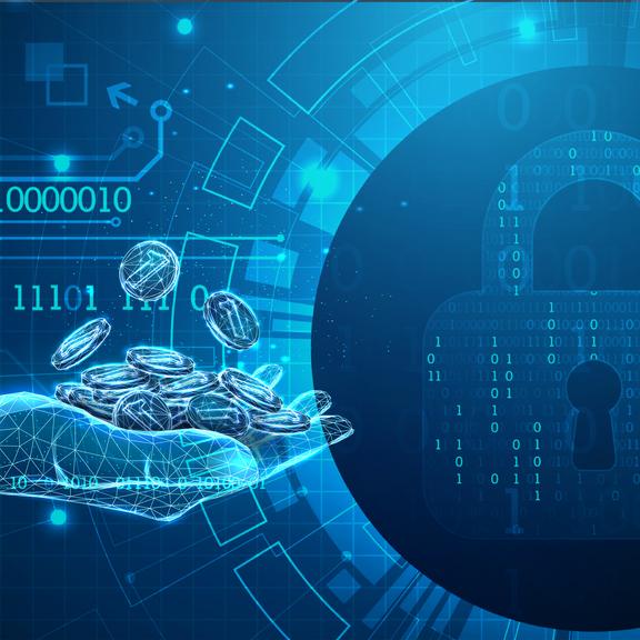 futuristisches Motiv mit Hand, Vorhängeschloss und digitalen Daten